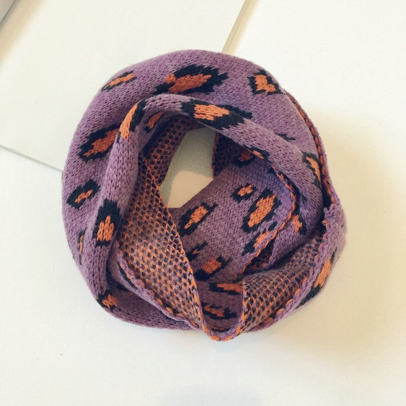 Efterår og vinter strikket børnetørklæde joker koreansk stil leopardprintet ring tørklæde til dreng og pige 16: Lilla