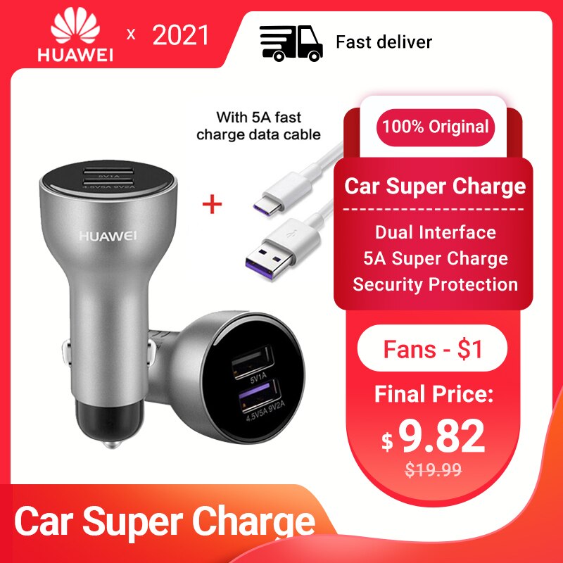 HUAWEI SuperCharge Adapter Car Charger 15W Original Double USB 5A Type-C Cable for HUAWEI Mate30 5G P30 pro P20 P10 Plus