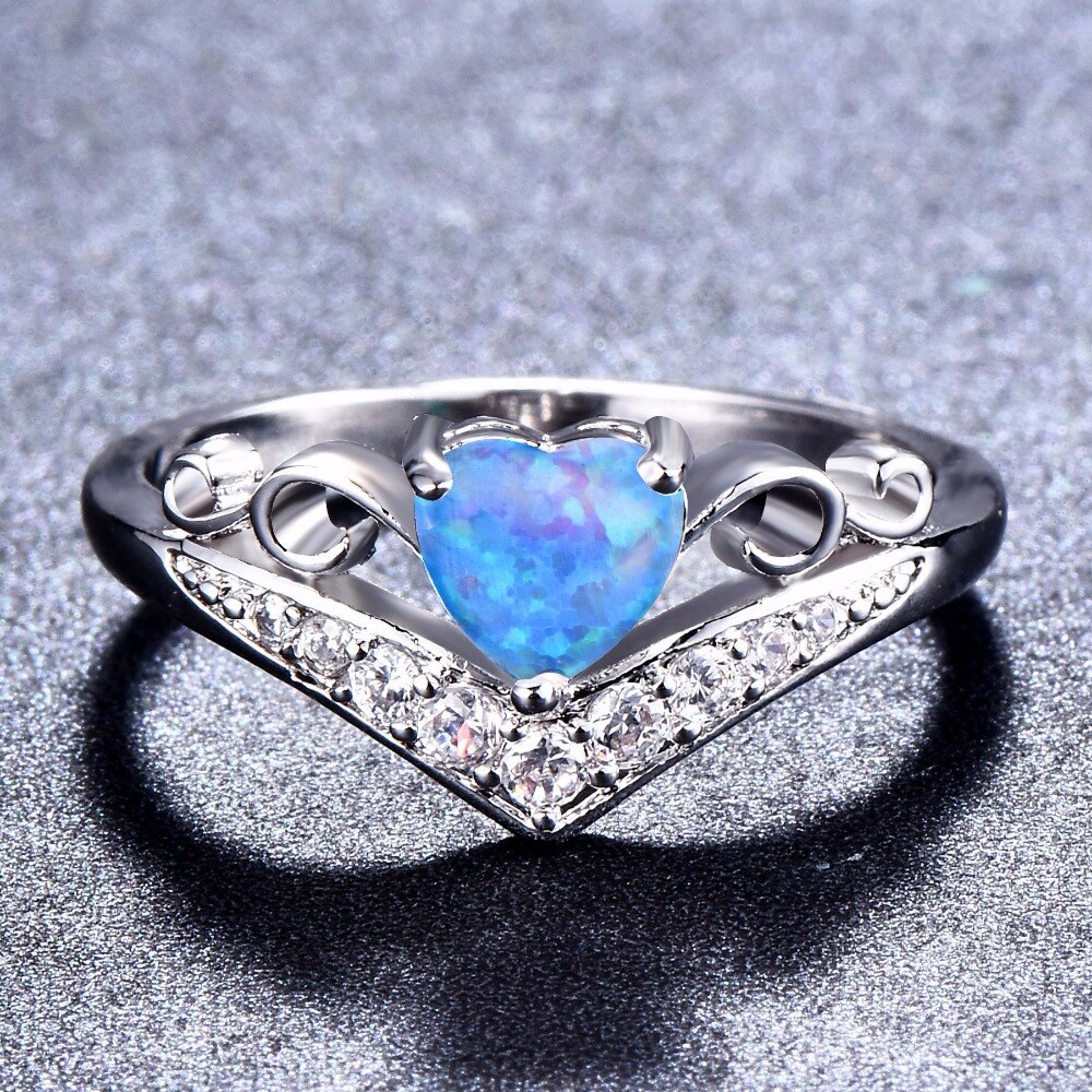 Luxury Women Sterling Silver 925 Crystal Wedding Rings White/Blue Fire Opal Heart Rings anillos