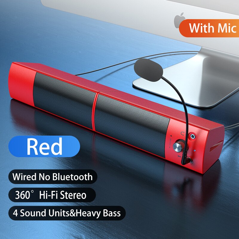 Computer Speakers Detachable Bluetooth Speaker Bar Surround Sound Subwoofer For Computer PC Laptop USB Wired Dual Music Player: Red Wired mic