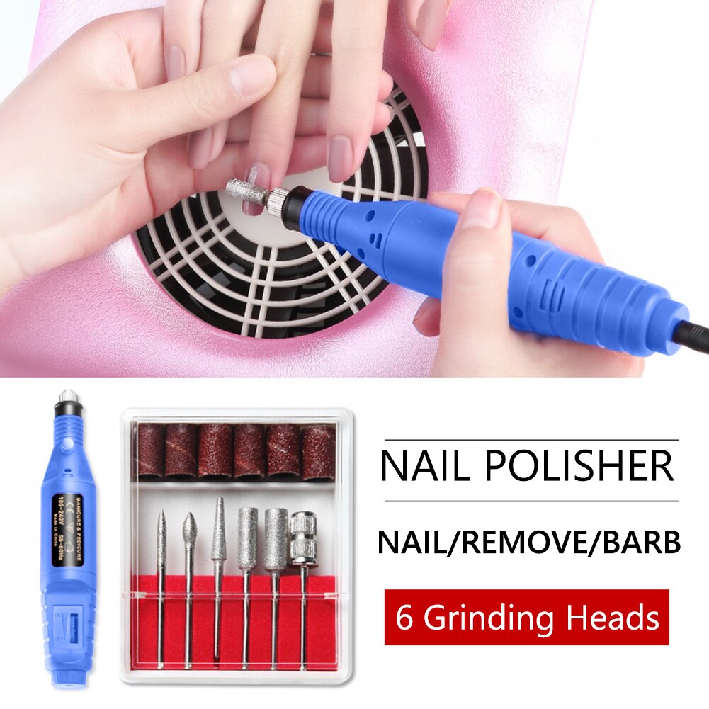 1Set Elektrische Nail Boor Machine Kit Usb Opladen Manicure Machine Pedicure 6 Bits Schuren Buffer Nagelvijl Nail Art pen TSLM1: Blauw
