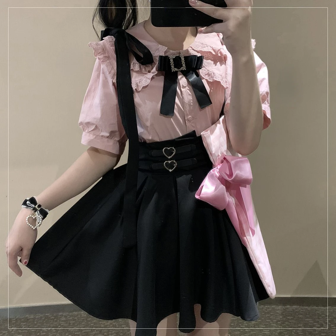 Japansk kawaii lolita mini nederdel kvinder høj talje pink blå bandage fe  y2k æstetisk nederdel afslappet sød flæsenederdel: Brun