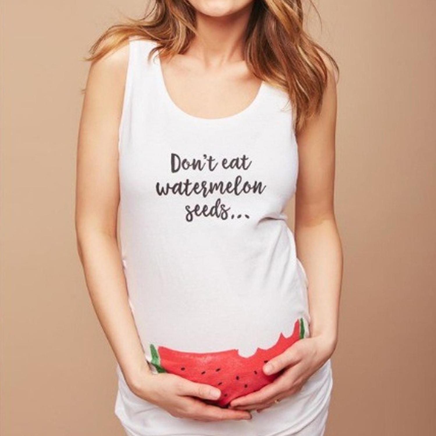 Mammakläder sommar gravida kvinnor väst o-ringad ärmlös rolig ät inte vattenmelon frön tryck t-shirt gravida kvinnor