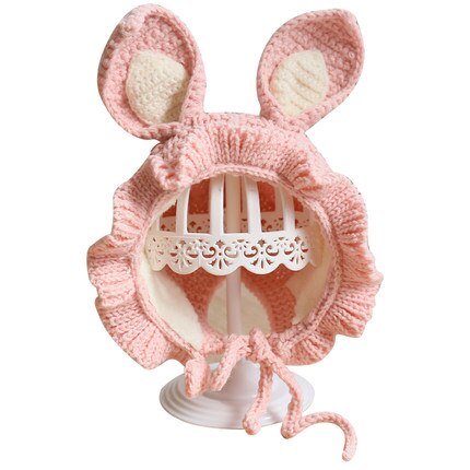 Baby gebreide muts winter muts kinderen wafel mutsen konijnenoren schattige baby muts voor de winter baby meisje muts met strik handgemaakte muts: Roze