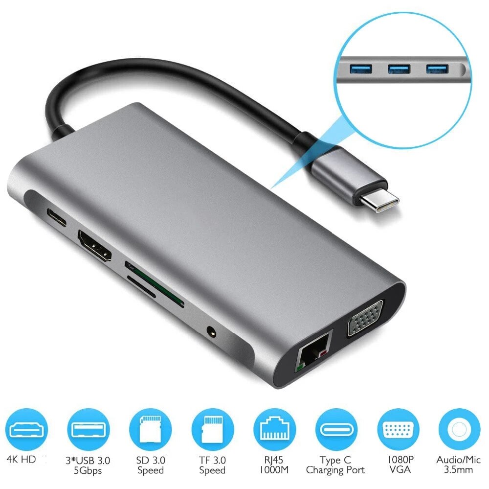 USB C Hub Docking Bahnhof 10 in 1 Typ C Adapter zu USB 3,0 4K HDMI-kompatibel VGA RJ45 Konverter für Macbook Profi Huawei Samsung