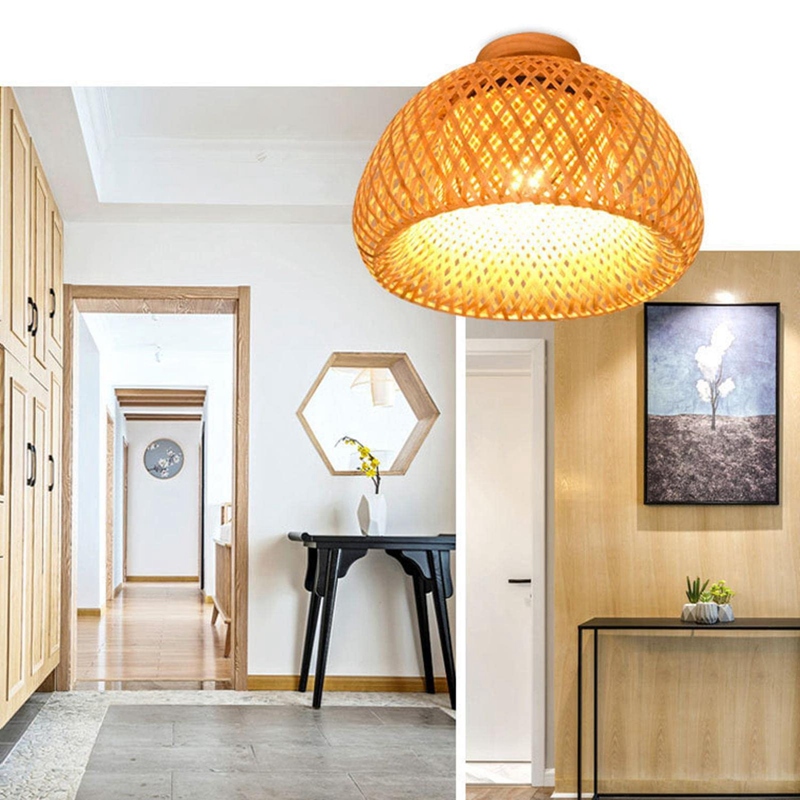 IBESTWIN Rattan Ceiling Light Fixture, 3-Light 12.6 Inch Antique Brass Handmade Woven Boho Semi Flush Mount Ceiling Light For Bedroom, Kitchen, Living Room - View #3