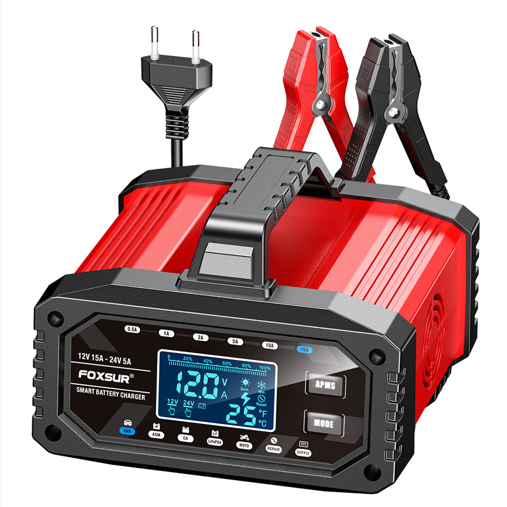 Vollautomatisches intelligentes Autobatterie-Ladegerät, 12 V/24 V, mehrere Schutzfunktionen, LCD-Anzeige, schützt Schnellladegerät