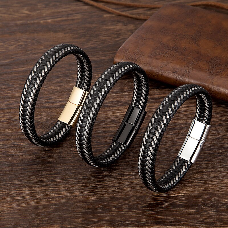 Men Jewelry Stainless Steel Braided Leather Rope Bracelet Punk Accessories Black Magnetic Clasp Bangles