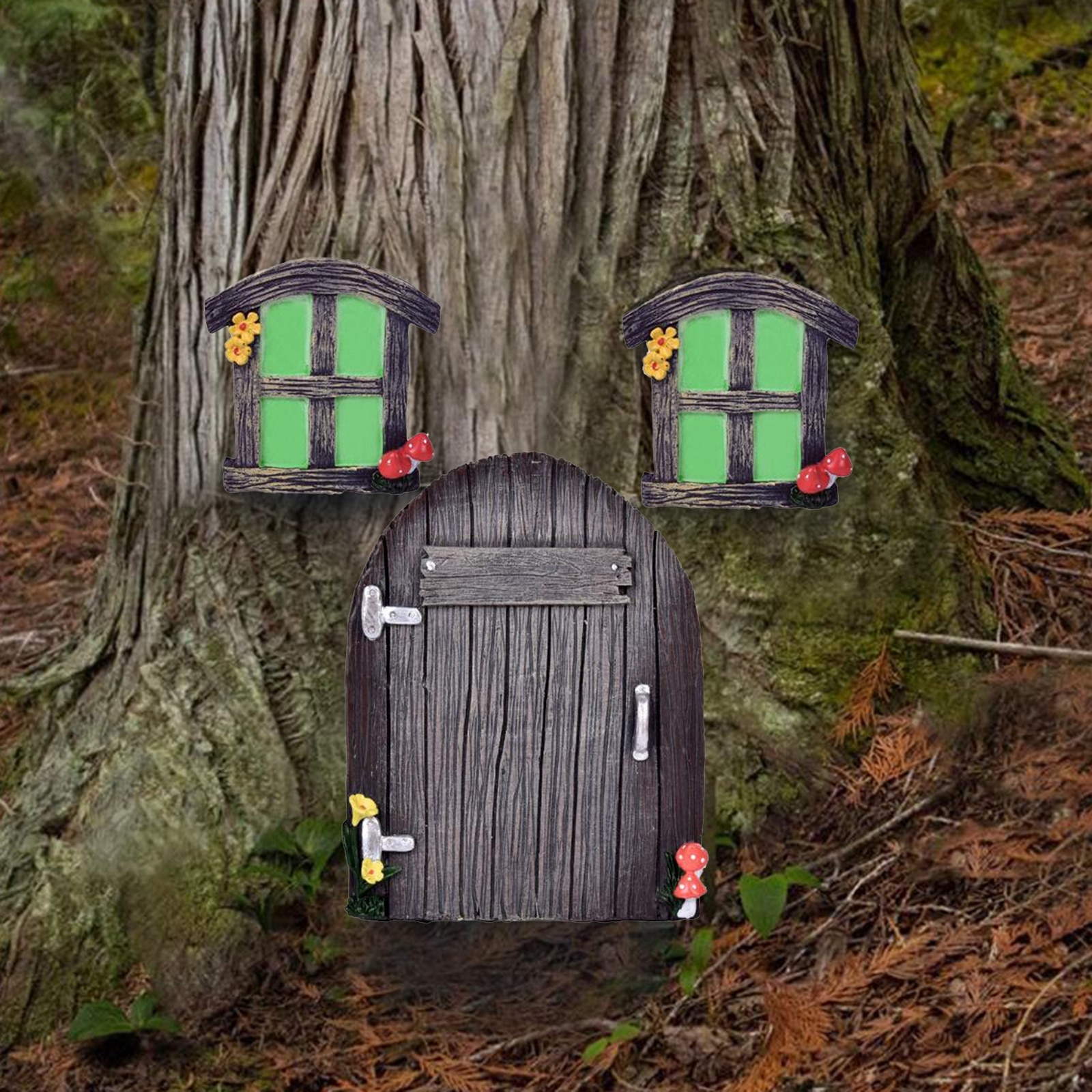 Miniature Fairy Gnome Home Window and Door for Trees, Yard Art Garden Sculpture Decoration