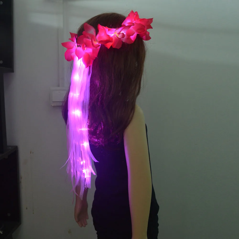 Women Girl Glow Party LED Hawaiian Lei Headband Light Up Flower Ribbon Crown Birthday Wedding Festival: light yellow