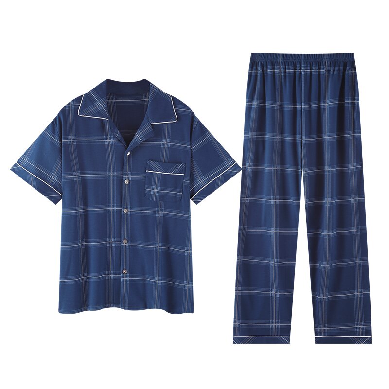 Summer Male 100% Cotton Pajama Sets 4XL Plus Size Sleepwear Plaid Pijama Men Set Comfort Pajamas Loungewear