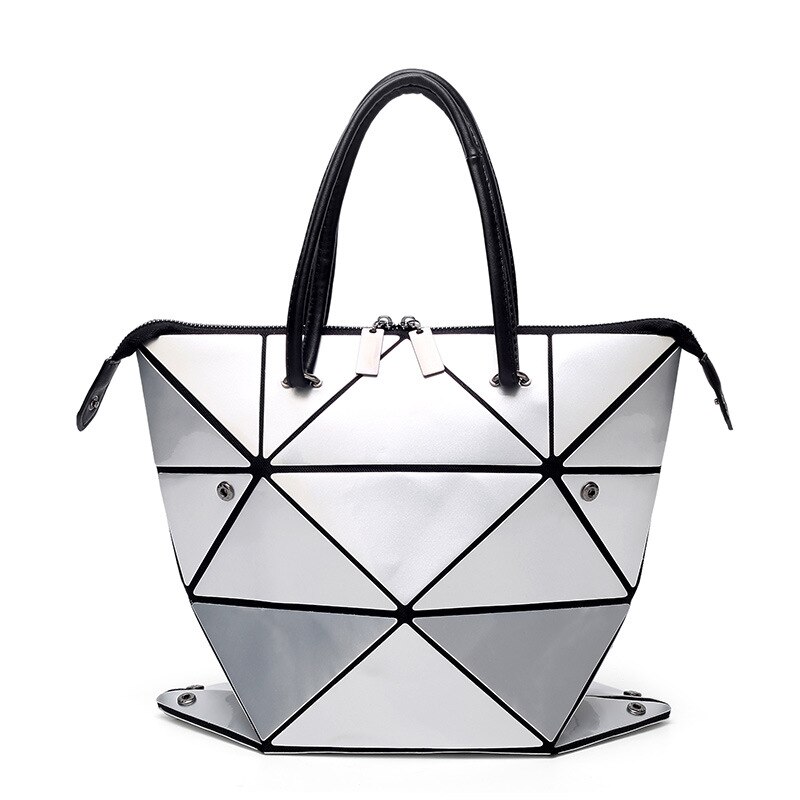 Bolso luminoso para mujer , bolso de cuadros geométricos plegado para mujer, bolso de mano informal a la , bandolera mensajero para mujer, Mochila: silver