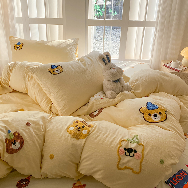 Pussilakanasetti, jossa sininen ja pinkki kirjonta, sekoitus pestyä puuvillaa, minimalistinen, neliosainen setti, jossa on aluslakanoita, pussilakana.: 1.5 / Kahvia / Asennettu lakana