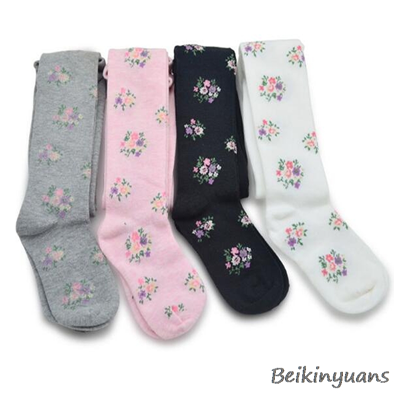 Meia-calças feminina de algodão penteado florais, meia-calça justa para crianças primavera e outono