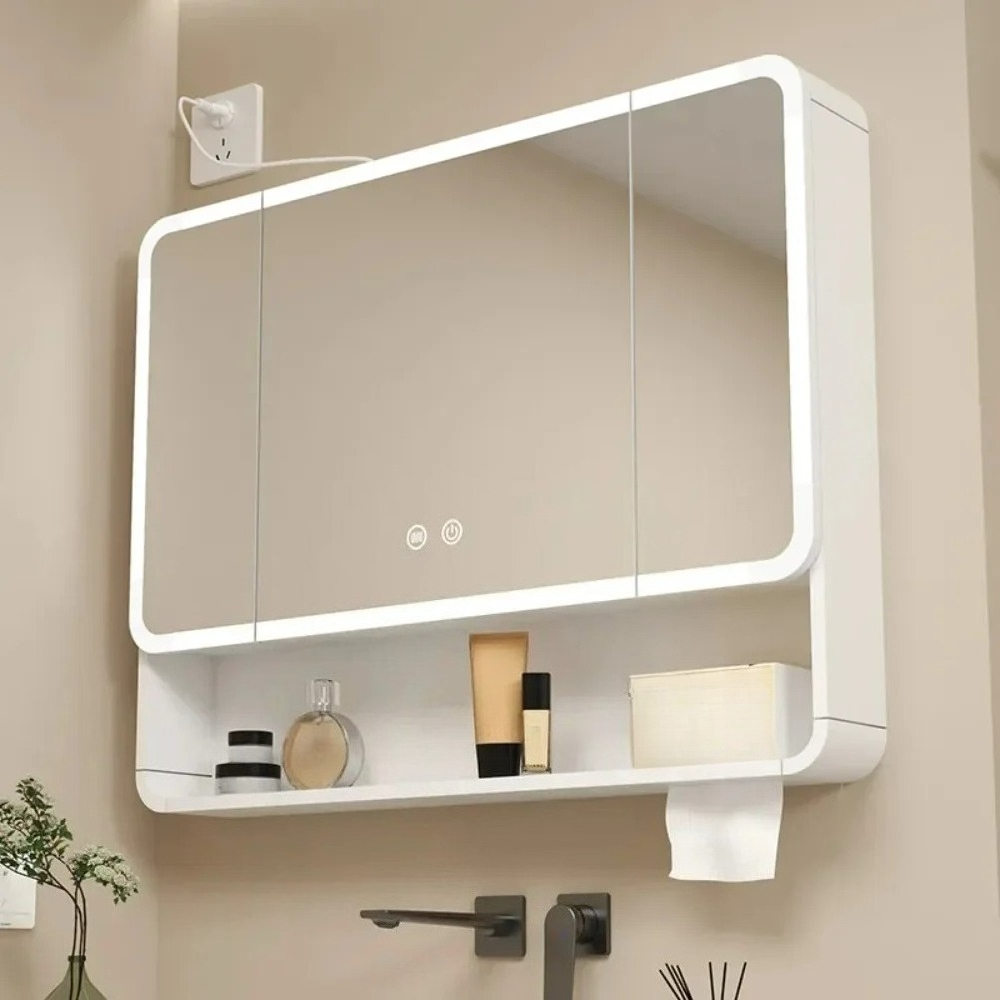LED Bathroom Mirror Cabinet Anti Fog Wall Mounted Storage Mirror Carbon Fiber Rounded Corner Makeup Mirror
