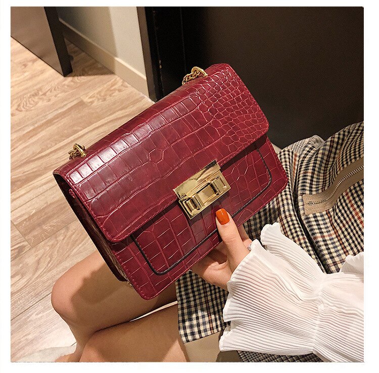 Retro Crocodile Pattern Shoulder Bags For Women PU Crossbody Bag Solid Color Small Square Bag Ladies Portable Handbags: red