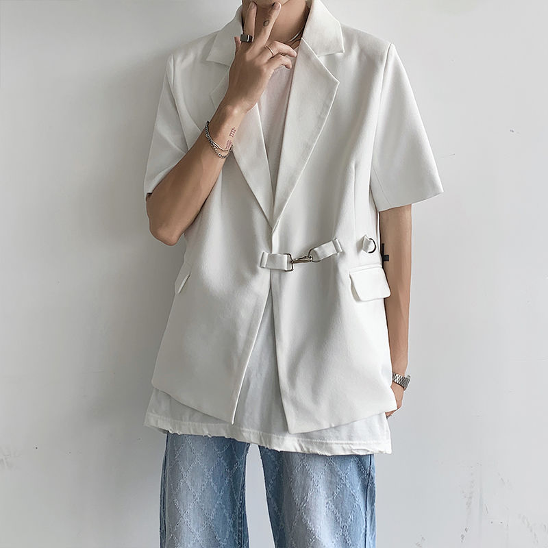 Blazer de manga corta para hombre, Chaqueta de traje informal de en blanco y negro, estilo coreano, holgada, M-XL de la sociedad