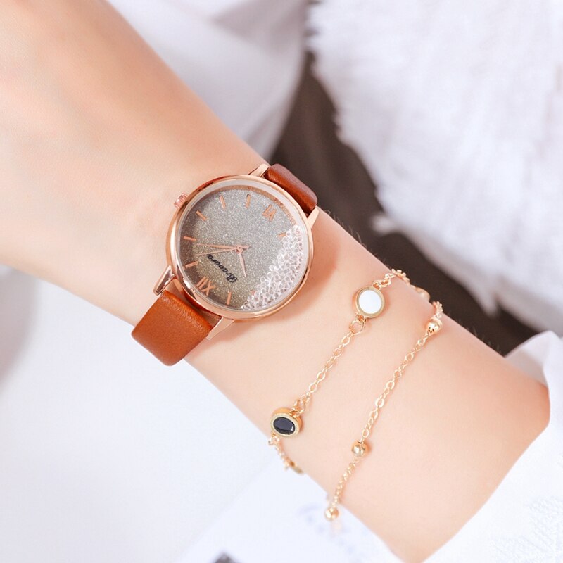 Scroll diamant dames casual leren dameshorloge quartz polshorloge sterrenhemel damesklok reloj mujer relogio feminino: Koffieset