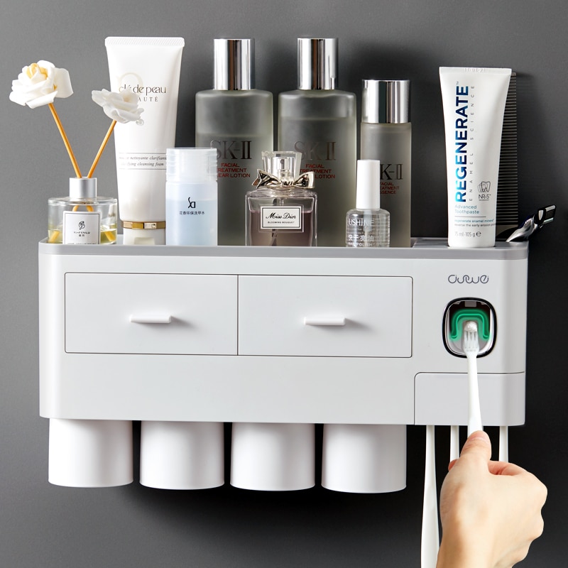 Wall-Mounted Magnetic Adsorption Lnverted Toothbrush Holder Toothpaste Dispenser With Cup Storage Rack Bathroom Accessories Set