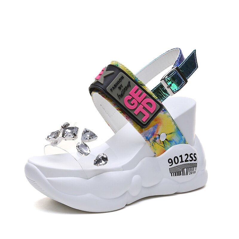 Sommer kvinder sandaler gennemsigtig diamant kile sandal rhinestone høje hæle chunky platform sko kvinde: Hvid / 35