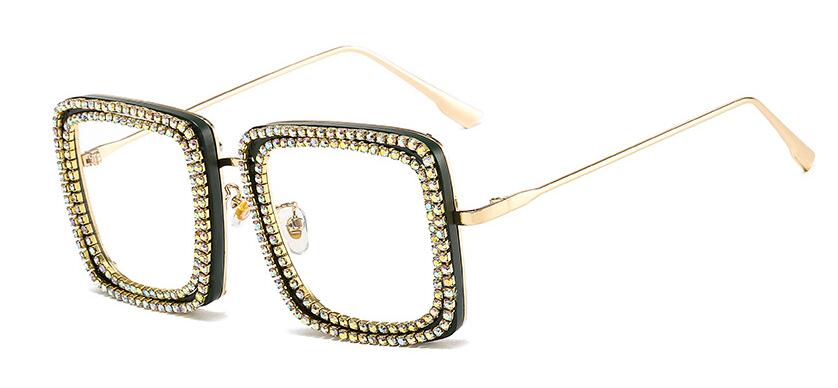 Brilmontuur met strass, heldere glazen, vierkante bril, metalen montuur, optische bril zonder sterkte, transparante bril: Groen helder