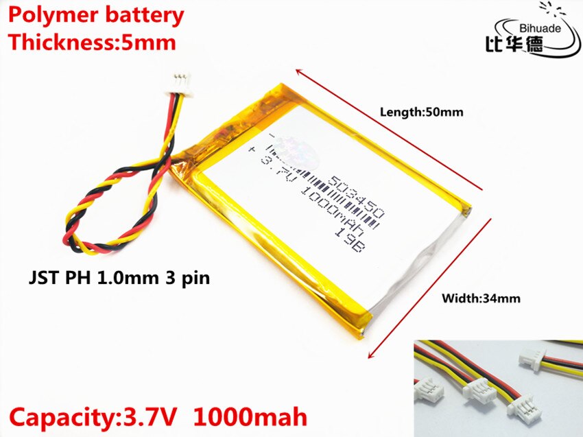 Jst  ph 1.0mm 3 -pin, hochwertige 3.7v,1000 mah 503450- polymer-lithium-ionen-batterie (li-ion) für tablet-pcs, powerbanks ,mp3,mp4 gps-geräte