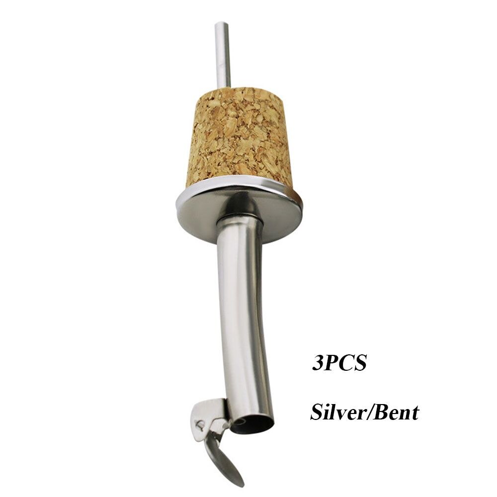 1/3PCS Wooden Cork Red Wine Pourer Oil Beer Metal Bottle Stopper Plug With Cover Home Kitchen Barware Bar Tools Bottle Stopper: 3PCS Silver-Bent