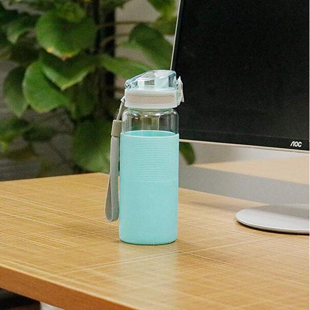 Borosilikatglas vandflaske med silikone ærme bpa gratis til børn 400ml 14 oz drikkeflaske med reb bærbar: 2
