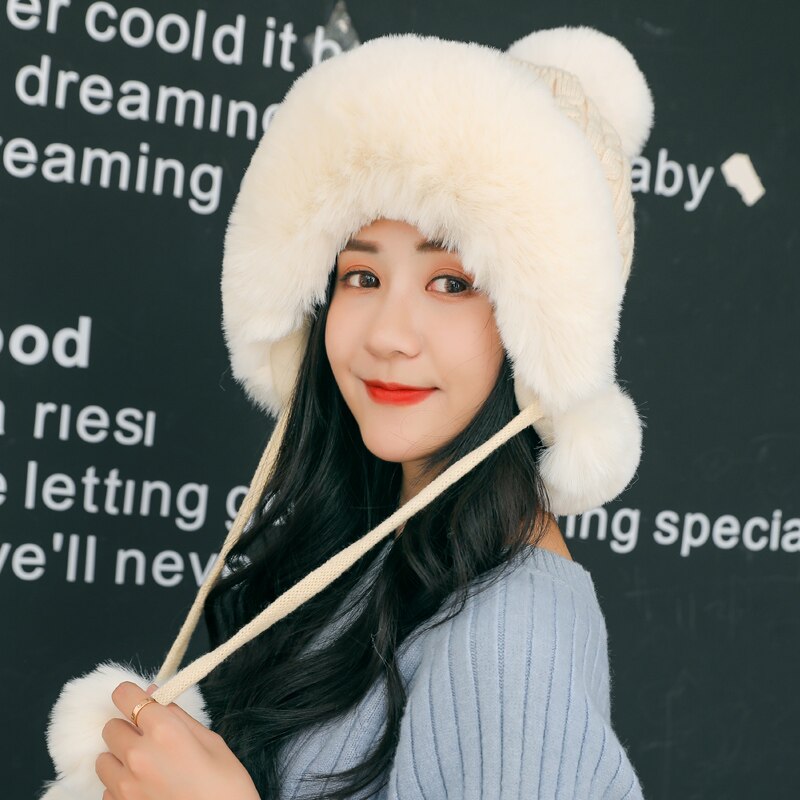 Women's thick hat hairballs a women's winter thick knitted plush hat earmuffs collar soft warm beanie hat scarf: qy02