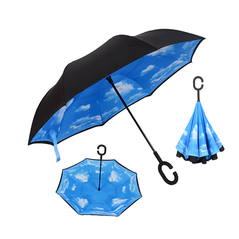 Paraguas plegable inverso resistente al viento, paraguas para hombre y mujer para lluvia y sol, paraguas con mango en C invertido, soporte autónomo para Anti UV de doble capa