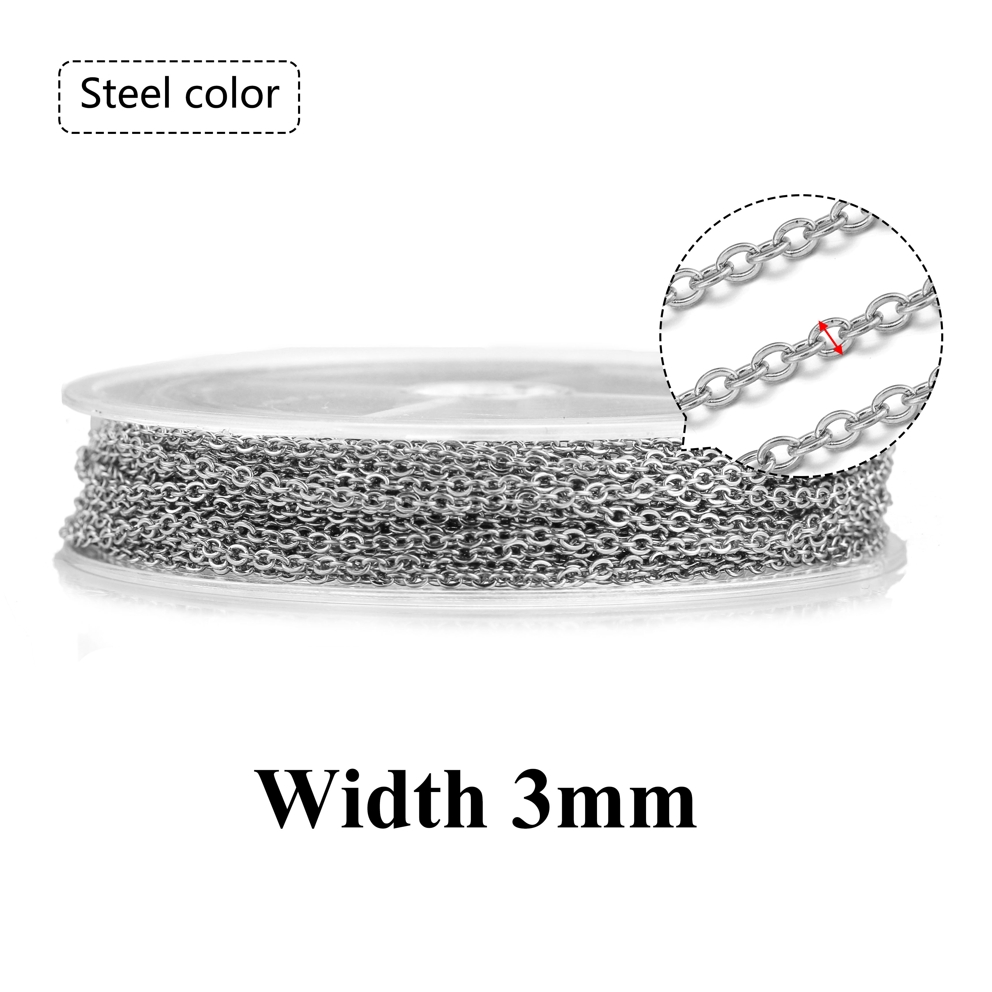 10 m/rol roestvrij staal plat kabel ketting bulk voor zilver rose gouden ketting 1 mm 1,5 mm 2 mm 2,5 mm ketting diy sieraden materialen: GRIJS