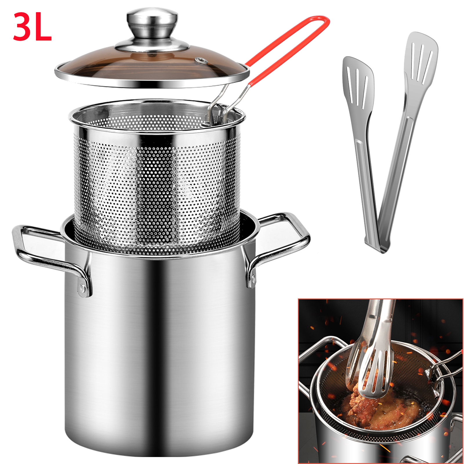 Poêle à frire en acier inoxydable, friteuse de cuisine avec panier à passoire, poêle à frire Tempura, poulet, frites, outils de cuisine