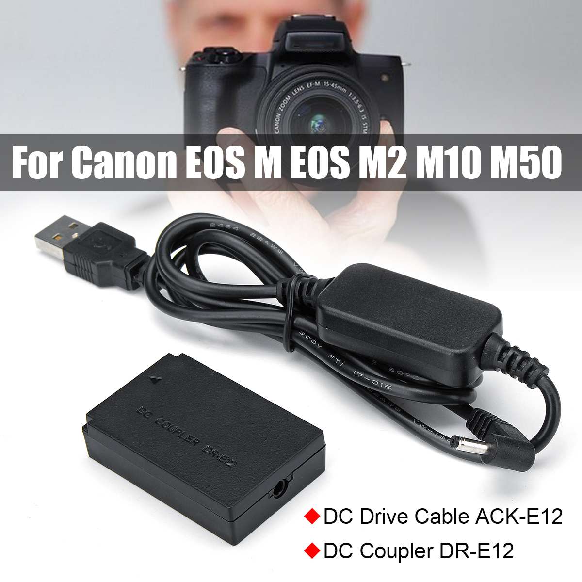 5v usb -kabel  dc 8.4v ack -e12 mobil powerbank+dr -e12 dc coupler lp -e12 dummy -batteri til canon eos m eos  m2 m10 m50 kamera