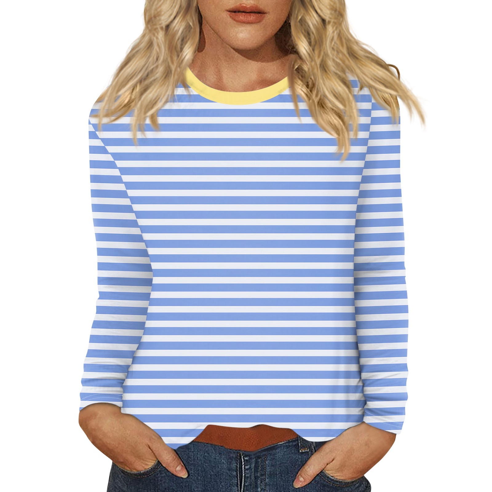 T-Shirt à Manches sulfet Col Ras du Cou pour Femme, Vêtement Décontracté, Rayé, Imprimé, Tendance, à la , de , 03