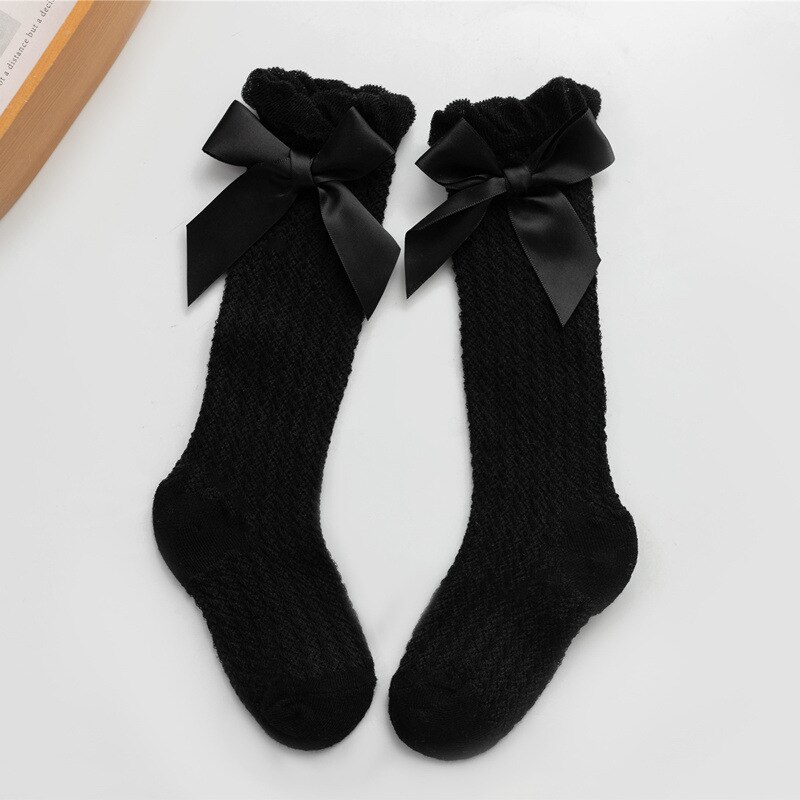 Summer Kids Socks With Bow Baby Girls Long Sock Knee High Cotton Hollow Out Toddlers Socks Mesh Children Princess Sock: Black Bow Socks