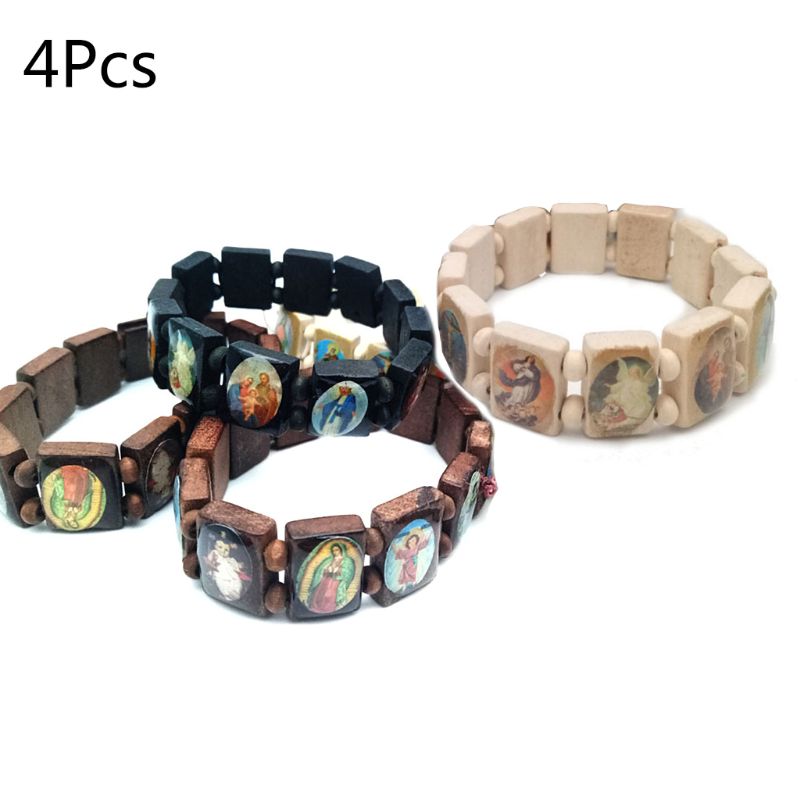 4Pc Katholieke Sieraden Christian Levert Houten Icoon Elastische Bead Armband H7ED
