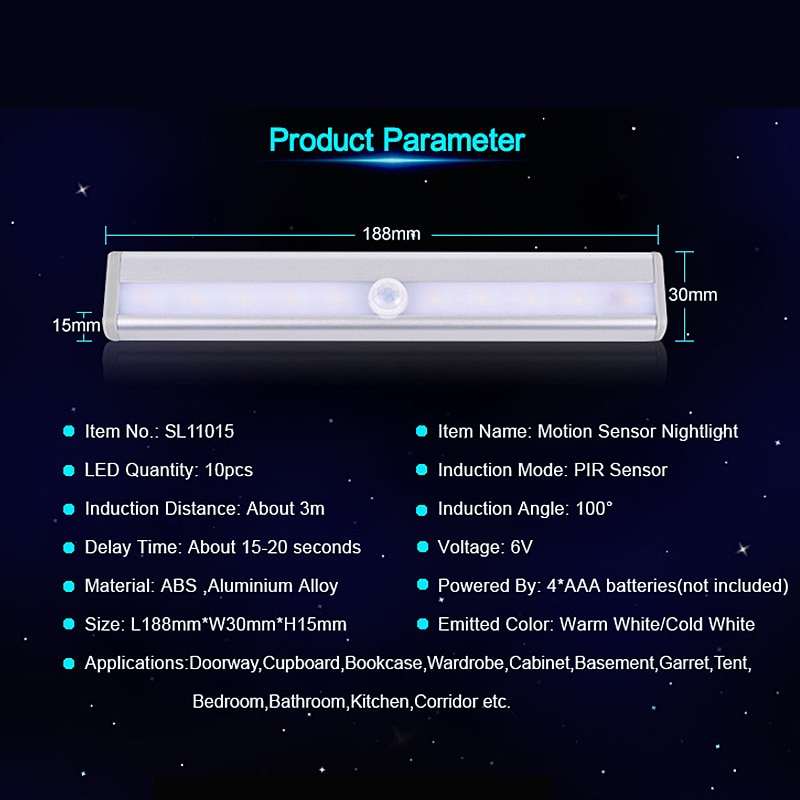 Goodland Motion Sensor LED Nachtlampje 10 LEDs Draadloze LED Kast Verlichting 4 * AAA Batterij Tafellamp Kast Boekenkast licht