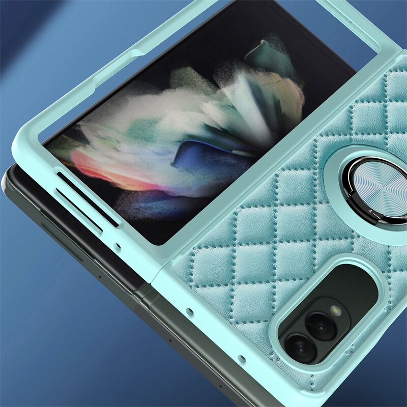Diamant Telefoon Geval Voor Samsung Galaxy Z Vouw 3 5G Embossing Lederen Ring Met Houder Shockproof Back Cover Voor galaxy Z Vouw 3