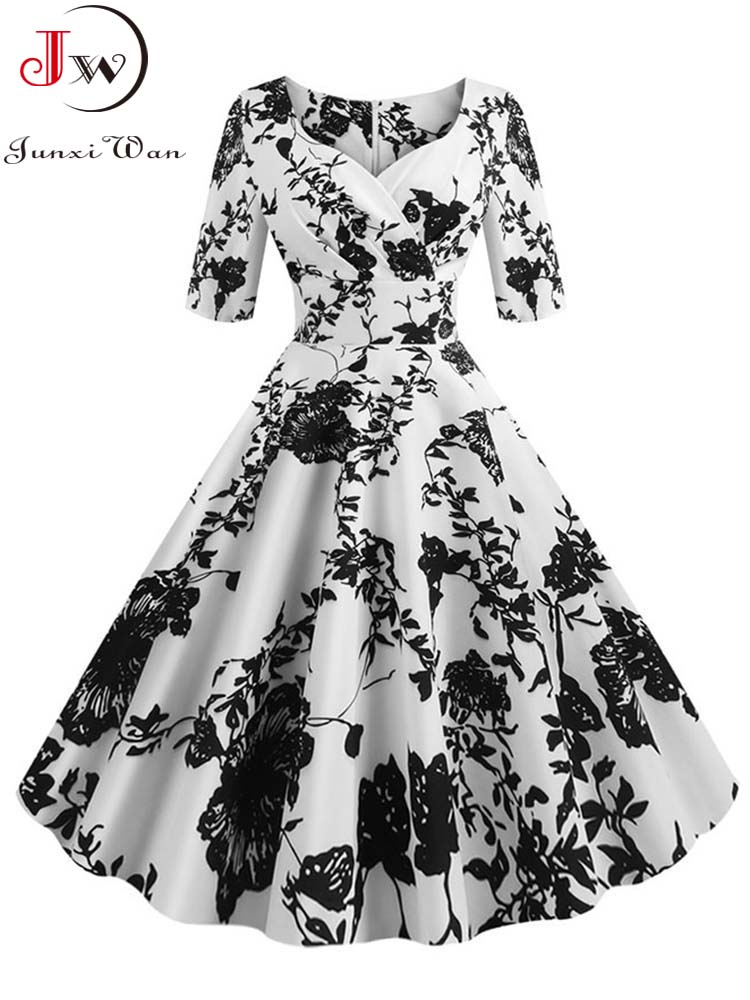 Half Mouw Zwart Herfst Winter Vrouwen Jurk Bloemenprint Vintage Party Jurken Robe Casual Rockabilly A-lijn Pin Up Vestidos