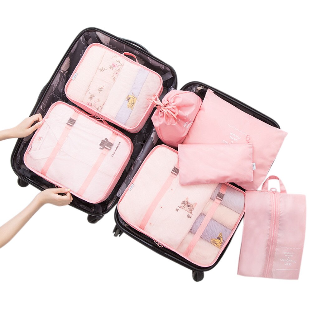 7Pcs Reistassen Waterdichte Verpakking Compressie Kleding Opbergtas Reizen Insert Case Set Bagage Organizer Pouch Verpakking Kubus: pink