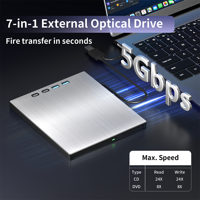 7-in-1 External CD/DVD Drive USB3.0 Type-C Portable CD DVD RW Player Reader Burner for Laptop PC Windows with SD TF Card Slots