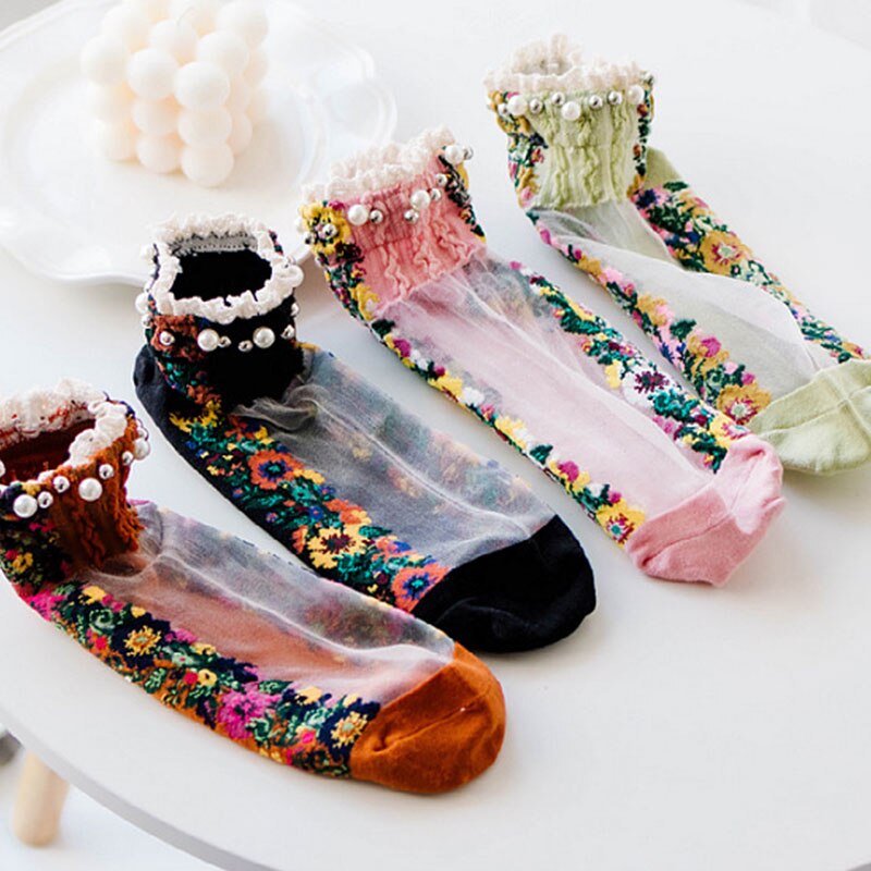 Spring Summer Retro Ankle Socks Pearl LIttle Floral Sock Mesh Patchwork Breathable Cotton Scck Cute Soft National style Hosiery