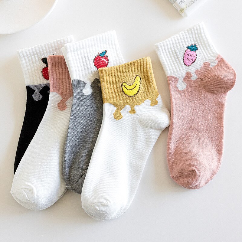 5 Pairs Cow Printed Socks Cute Harajuku Cotton Women Socks Striped Solid Breathable Casual Girls Short Socks