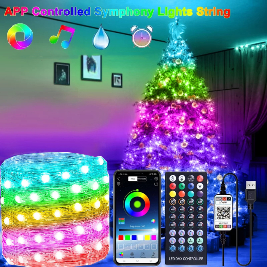 Guirlande lumineuse intelligente pour sapin de noël, 10/20M, avec télécommande, Bluetooth, application de contrôle RGB, luminaire décoratif pour fête de mariage