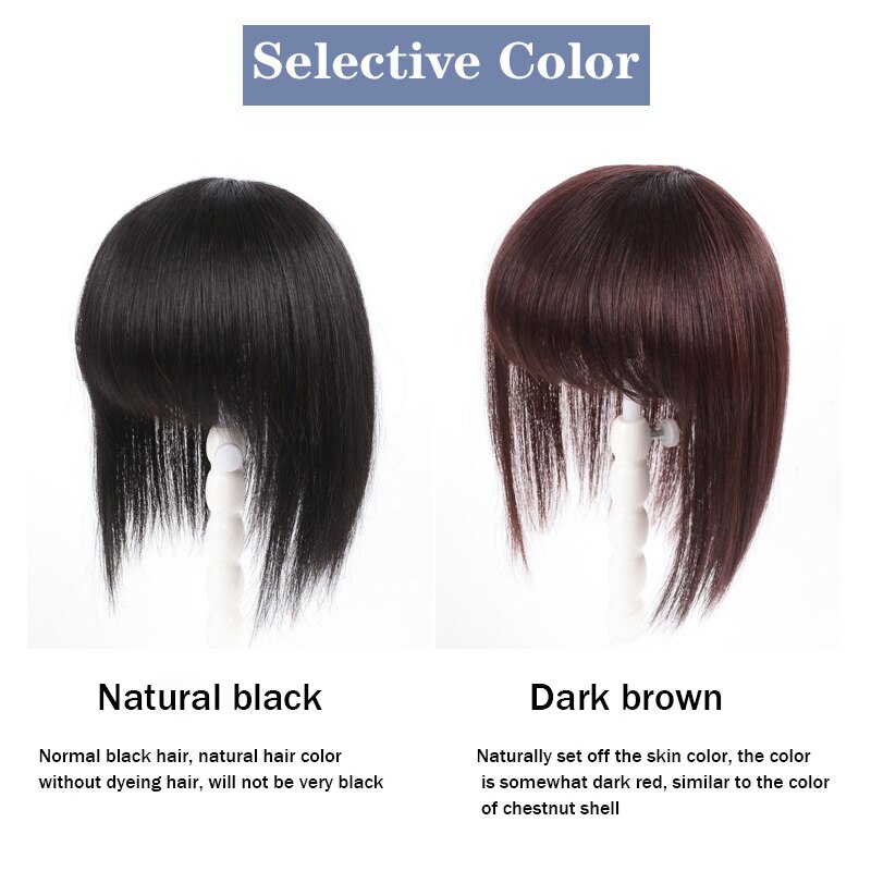 LANLAN-Peluca de cabello blanco con flequillo, pieza de cabello natural negro/marrón oscuro, parte superior fina e invisible, 3D