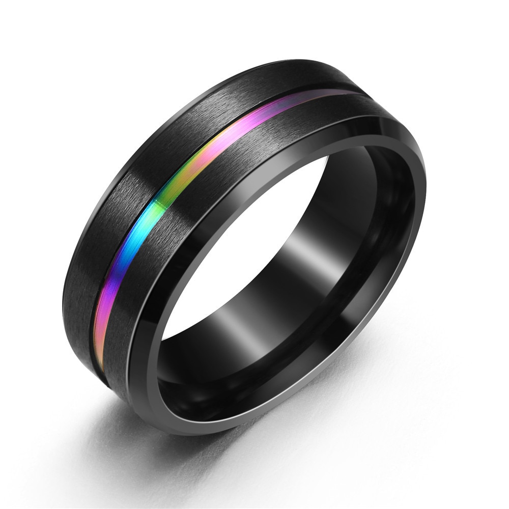 Mannen Sieraden Zwart Rvs Wedding Ring 8Mm Kleurrijke Regenboog Ring Maat 6-13