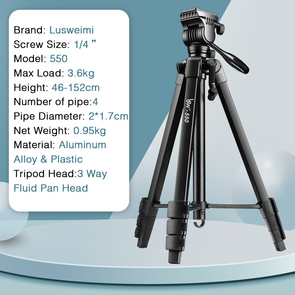 Stativ för 152cm kameror för dslr/slr med vätskehuvud i aluminium, fotostativ med telefonhållare &amp; avlägsen