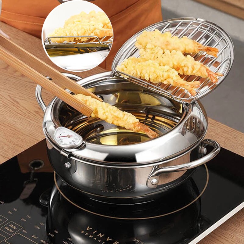 Japanese Tempura Fryer Pan Kitchen Deep Frying Pot Temperature Control Fried Pot Stainless Steel Chicken Fryer Pan Cooking Tools