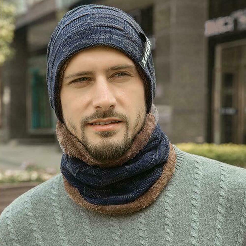 Plaid Winter Women Men Knit Warm Ski Hat Unisex Crochet Slouch Cap Neckerchief Beanie handsome charming men hats: Navy Blue