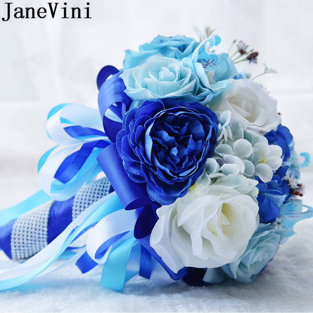 JaneVini Bouquet de fleurs bleues Bouquets de mariage mariée demoiselle d'honneur soie artificielle fleurs de mariée pivoine artificielle mariage